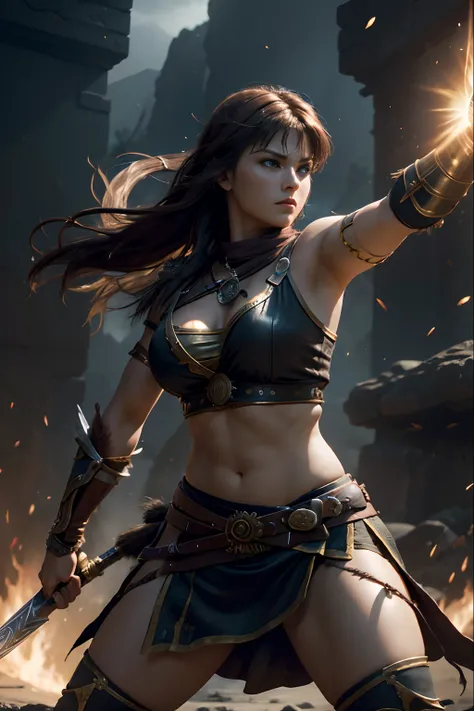 ((Offensive stance)), (Highly detailed CG Unity 16K wallpaper:1.1), (Denoising strength: 1.45), (tmasterpiece:1.37), Game style, Warrior princess Xena, hyper HD, Dark Fantasy,