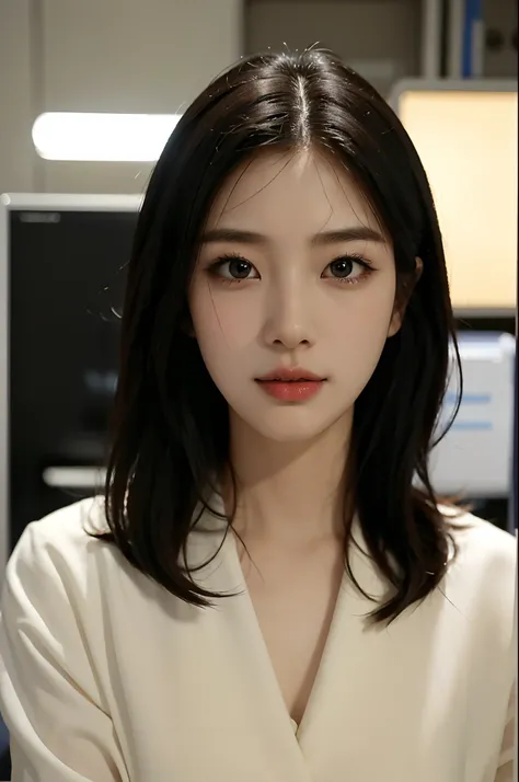 High-res, Realistic portrait of professional korean office lady with perfect skin，Professional suits，Womens suits，stand posture，The upper part of the body，Women in the workplace，Show confidence and maturity, Surrounded by a modern corporate environment, Vi...