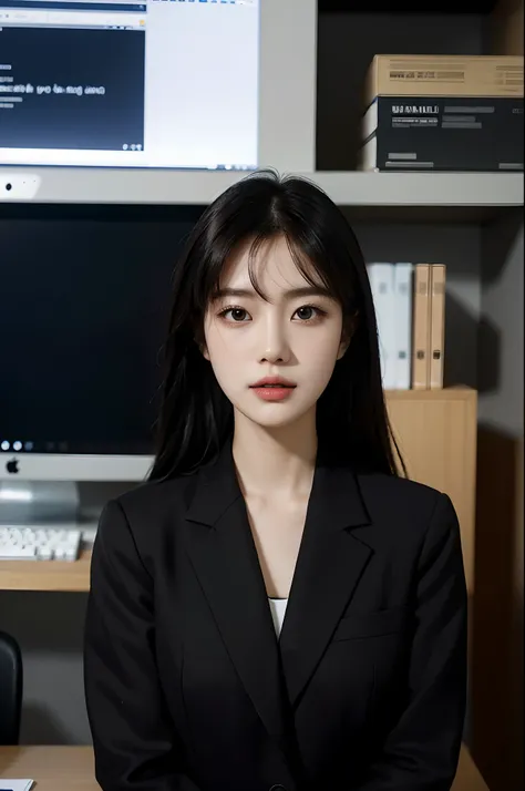 High-res, Realistic portrait of professional korean office lady with perfect skin，Professional suits，Womens suits，stand posture，The upper part of the body，Women in the workplace，Show confidence and maturity, Surrounded by a modern corporate environment, Vi...