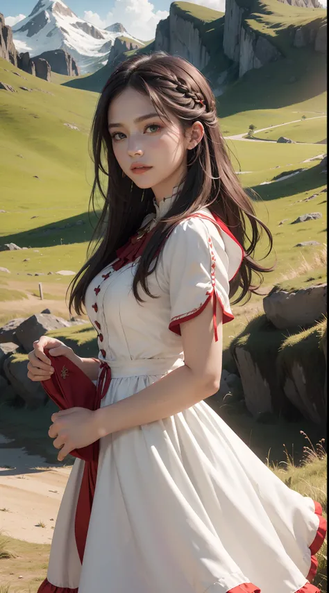 best quality, unity 8k cinematic, high detail face, masterpiece, ultra realistic, 1girl, red warrior dress white edge, super beautiful hair, grass field background