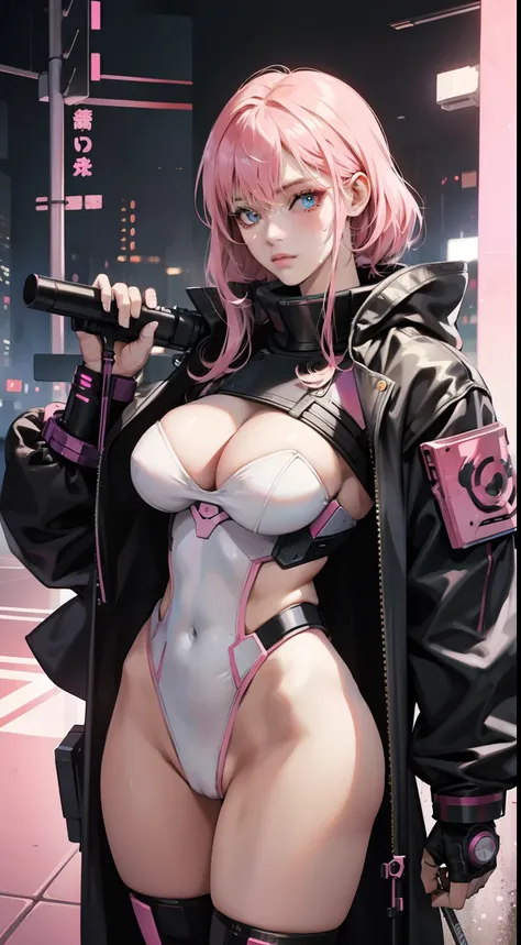 a female cyborg,doujin,hentai,kawaii,stylish,pussy,busty,pink pubic hair,glamour,pink color tone,psychedelic costume,armored,A Cyberpunk dystopian girl,fantasic dystopia,dystopian scape,bladerunner,ghost in the shell,photorealistic,psychedelic colourful to...