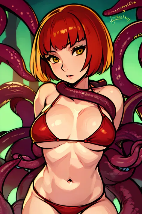 1girl, drgraevling, ((Tentacle Sex:1.4, tentacles , tentacles rape)), ((Red bikini:1.4)), Short hair, Orange hair, Bangs, Yellow eyes, Solo, Solo Focus, female focus, Face Focus, Upper body, Bukkake,