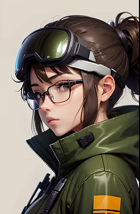 Wearing very large futuristic VR goggles on your head、Female Inventor, the hair on the head is dark brown, The hair on the head is tied into one, Big eyes、It has a light brown color, Large black-rimmed glasses, Freckles on the cheeks, Please wear an army g...