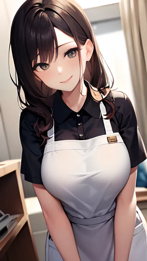 (​masterpiece),Girl working in a nursing home,in her 20s,cute  face、A smile looks good,Breast size:1.2,Wear a polo shirt,yellow apron,FULL BODYSHOT,The background is a nursing home