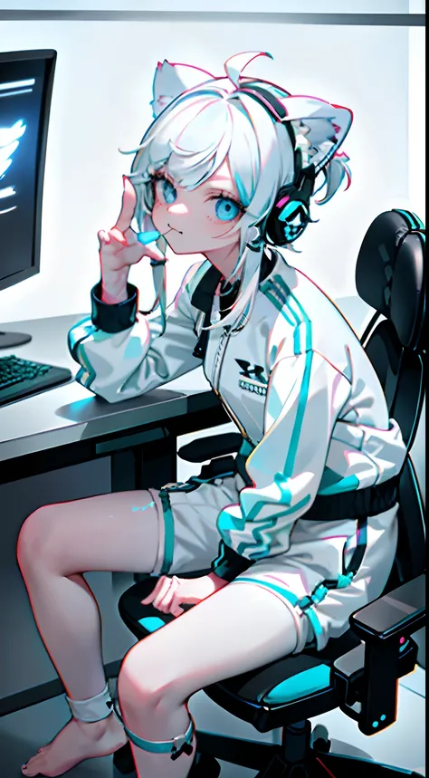 masterpiece, Best Quality, Colorful, Teenager with white hair, (((mullet hairstyle))), 1 girl, light blue slant eyes, fangs, touching translucent panels, In dark voids filled with small intense particles of light, ((((white tracksuit, white shorts, barefoo...