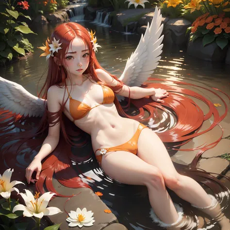 Girl in the water, Long red flowing hair, Angel wings, an orange、amarelo、White lily flowers