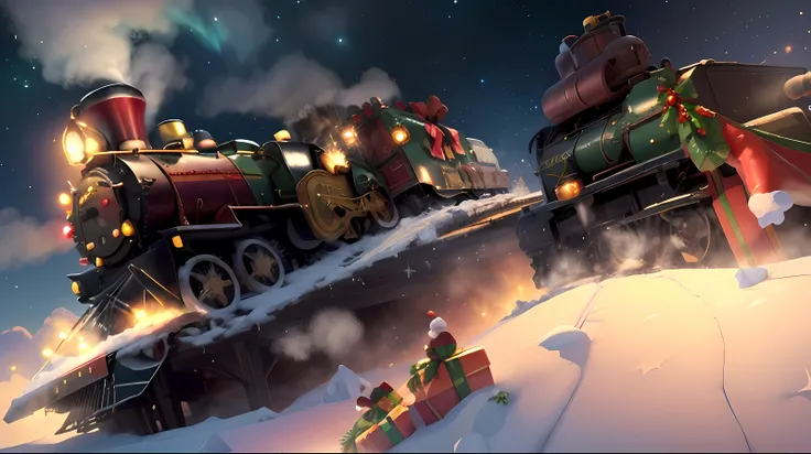 (a close up of a steam locomotive), (christmas decorations on steam locomotive:1.4), (red and green decorated steam locomotive:1.2), fly in the sky locomotive, mario kart, loadscreen, katamari damacy, mario cart, gameplay still, n64, ingame image, merry me...