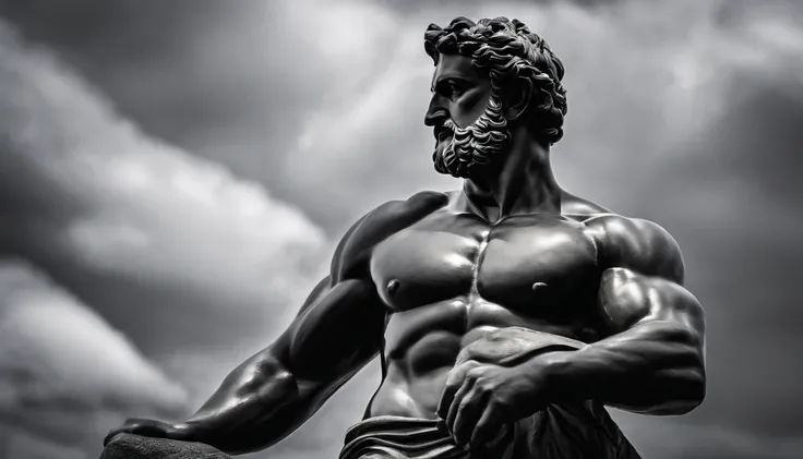 Greek muscle philosopher man statue, Ultra Detalhado, Breaking statues, Gym pose, Preto e branco, cinematic movie photograph, foco nítido, filmagem de cinema, cena de cinema, altamente detalhado, epics, dramatic lighting, Zoom do lado esquerdo, closeup bac...