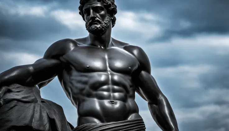 Greek muscle philosopher man statue, Ultra Detalhado, Breaking statues, Gym pose, Preto e branco, cinematic movie photograph, foco nítido, filmagem de cinema, cena de cinema, altamente detalhado, epics, dramatic lighting, Zoom do lado esquerdo, closeup bac...