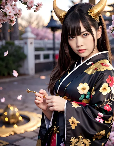 ((World of Darkness)),Professional , ​masterpiece、top-quality、photos realistic , depth of fields 、（sexypose）、(Background of cherry blossoms in full bloom),（Ultimate Beauty）、A dark-haired、（White bikini armor)、（Kimono with beautiful pattern）、（Night backgroun...