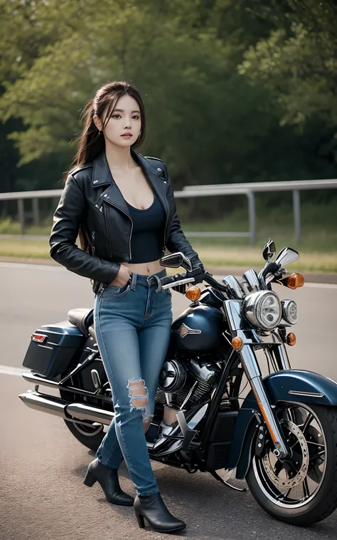 (top-quality、超A high resolution、8K、​masterpiece、realisitic、Photorealsitic)、Pretty Japan woman、1 persons、BREAK HA、Brown hair、long、(Colossal tits:1.2)、full body Esbian、From Side、Black leather jacket、Navy Blue Denim、Black high heels、BREAK、(Driving a Harley-Da...