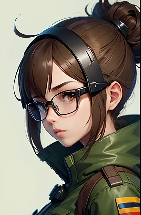 Wearing very large futuristic VR goggles on your head、Female Inventor, the hair on the head is dark brown, The hair on the head is tied into one, Big eyes、It has a light brown color, Large black-rimmed glasses, Freckles on the cheeks, Please wear an army g...