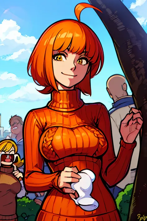 1girl, drgraevling, ((outdoor)), Short bob, Orange hair, Bangs, Yellow eyes, ahoge, ((solo Focus, upper body)), female focus, Face Focus, Upper body, smile, ((One piece type long red high neck sweater:1.4)), no bra, covered nipples,