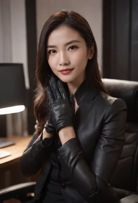 Wearing black leather gloves in both hands, upper body, black business suit, facing the desk in my room with a computer in the dark, looking down and smiling, operating the computer with the fingertips of black leather gloves, black hair bundled at the bac...