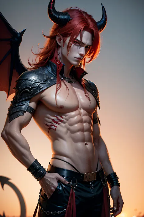 Red-haired male demon with human features and clothing and a horn and wing and black skin