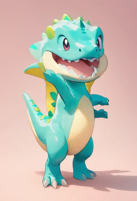 Cute kawaii dinosaurs，teal skin，Popmart blind box，claymaterial，Bright background，arte 3D，depth of fields，pixar trend，hyper realisitc，Ray traching，Complicated details，animation lighting，full bodyesbian，standing on your feet