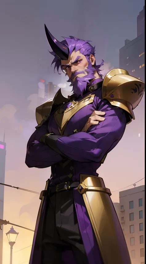 1man,((purple beard,purple hair)),30s,black horn,solo,muscle,purple eyes,short hair, templar golden knight outfit,serious face,masterpiece,hd,4k,detailed face,best quality,night city,crossed arms,standing