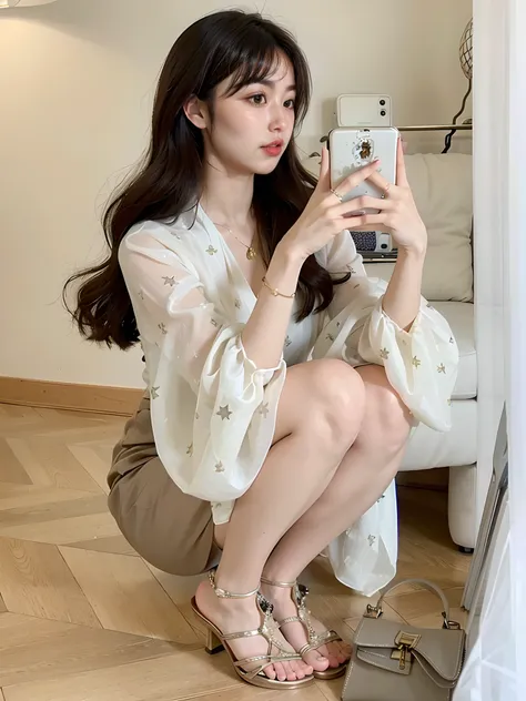 A beautiful Arab woman sitting on the floor, Taking a selfie. She wore a cream shirt and an elegant beige shirt. The scene is full of sophistication and charm. The woman is a Korean fashion model，It has a star-studded undertone. The artwork is made using t...