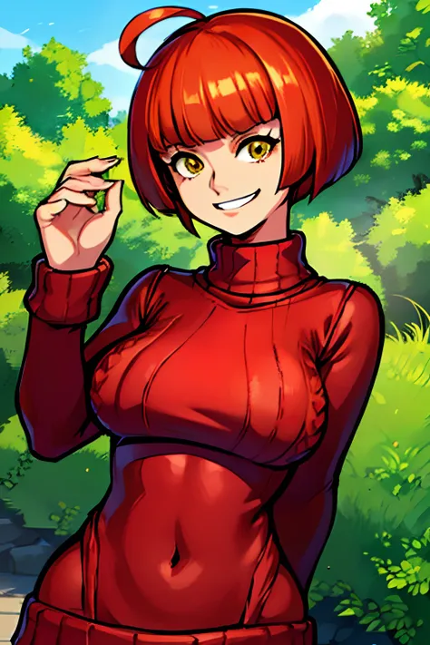 1girl, drgraevling, ((outdoor)), Short bob, Orange hair, Bangs, Yellow eyes, ahoge, ((solo Focus, upper body)), female focus, Face Focus, Upper body, smile, ((One piece type (red:1.4) high neck sweater:1.4)),