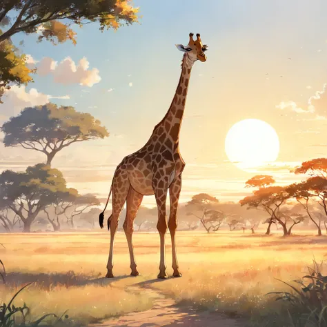 "(majestic giraffe standing tall in a sunlit savannah:1.3)"