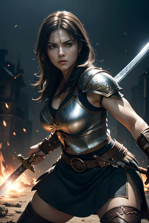 ((Offensive Stance)), ((wielding sword)), (Highly detailed CG Unity 16K wallpaper:1.1), (Denoising strength: 1.45), (tmasterpiece:1.37), Game style, Warrior princess Xena, hyper HD, Dark Fantasy,