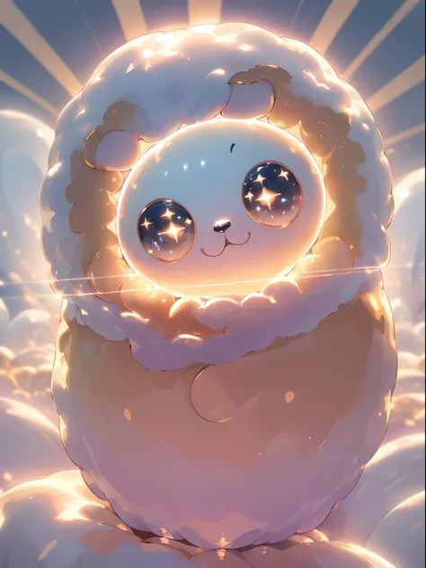 (best quality,ultra-detailed,realistic:1.37),3D-rendered,fluffy,kawaii,round-shaped monster with(big dazzling eyes),floating in mid-air,shimmering brightly,golden.