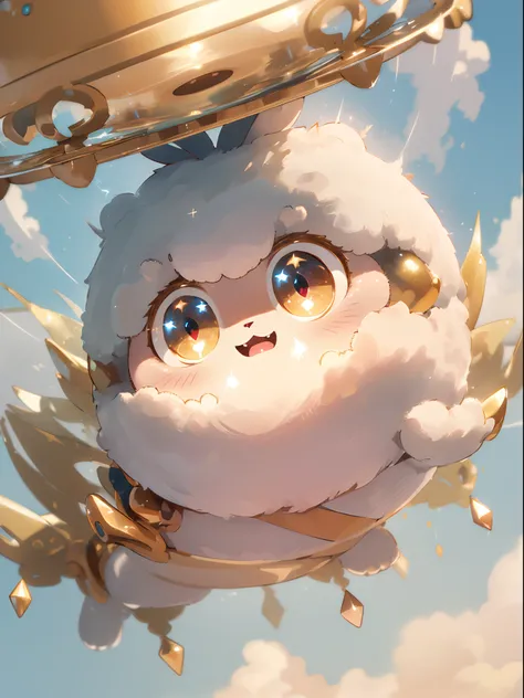 (best quality,ultra-detailed,realistic:1.37),3D-rendered,fluffy,kawaii,round-shaped monster with(big dazzling eyes),floating in mid-air,shimmering brightly,golden.