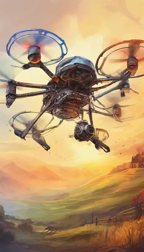 Hexacopter drone flying over farmland，cyber punk style，illustration，Flight stability，Unique perspective，Dynamic graphics，Full of technology。