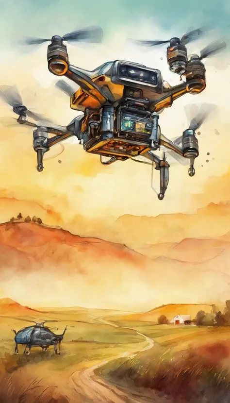 Hexacopter drone flying over farmland，cyber punk style，illustration，Flight stability，Unique perspective，Dynamic graphics，Full of technology。