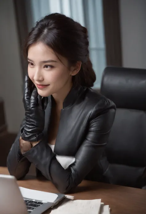 Wearing black leather gloves in both hands, upper body, black business suit, facing the desk in my room with a computer in the dark, looking down and smiling, operating the computer with the fingertips of black leather gloves, black hair bundled at the bac...