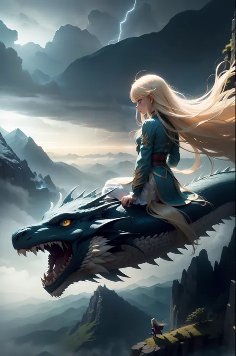 Girl straddling the back of a flying dragon、Long blonde hair fluttering in the wind、Lightning glows in a cloudy sky、The dragon wriggles its body into the mountain々Move between、high-level image quality、Cinematic style、