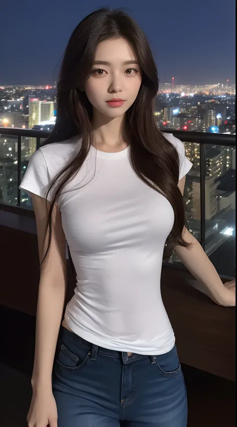 ((Midnight, Best quality, 8k, Masterpiece :1.3)), Whole body, Long legs, Sharp focus :1.2, A pretty woman with perfect figure :1.4, Slender abs :1.1, ((Dark brown hair, Big breasts :1.2)), (White tight tshirt, Jean bib, Standing:1.2), ((Night city view, Ro...