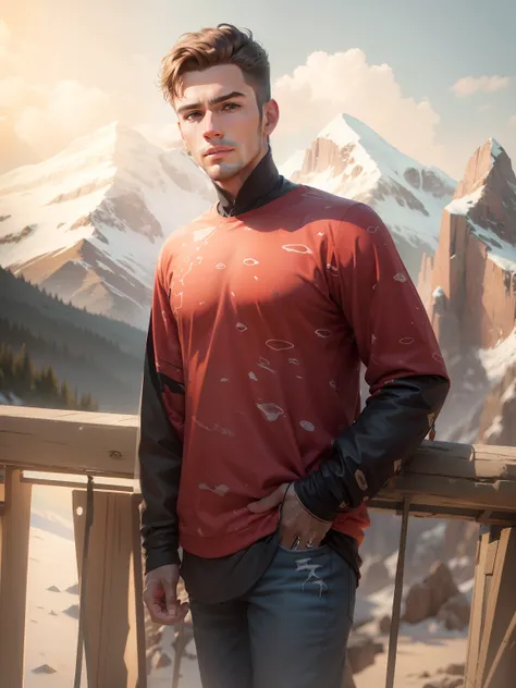 Change back ground mountain evening, handsome boy ,8k ,ultra realistic, without beard, teen boy