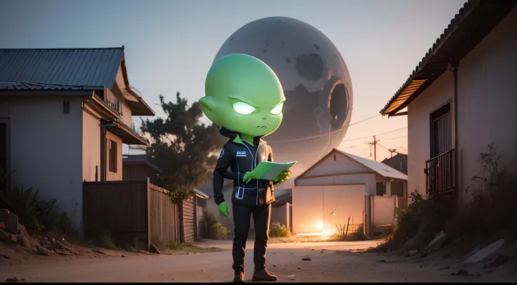 A realistic image of a realtor serving an extraterrestrial green, em marte. The broker and the extraterrestrial must be in front of a house with Brazilian construction standard and, ao fundo da casa, It should be easy to see the space.

Adicione uma nave a...