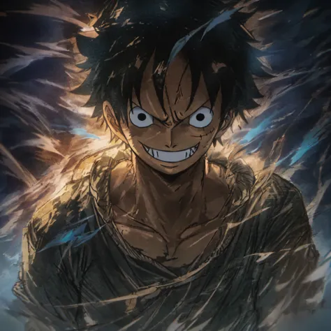 1boy, wanostyle, monkey d luffy, smiling, straw hat, looking at viewer, solo, upper body, ((masterpiece)), (best quality), (extremely detailed), depth of field, sketch, dark intense shadows, sharp focus, soft lighting, hdr, colorful, good composition, smok...