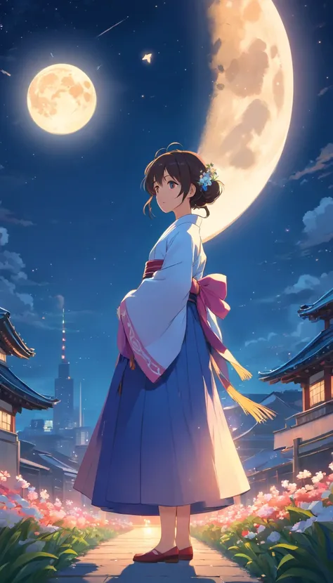 Best quality, High_Resolution, distinct_image, Detailed background ,Girl, Hanbok,flower,sonoko,Moon, Night,Dutch angle, Wide shot, crown,