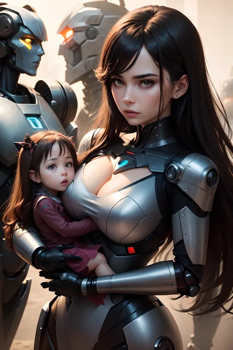 A hybrid mother with her human daughter in her arms and some evil robots in the background