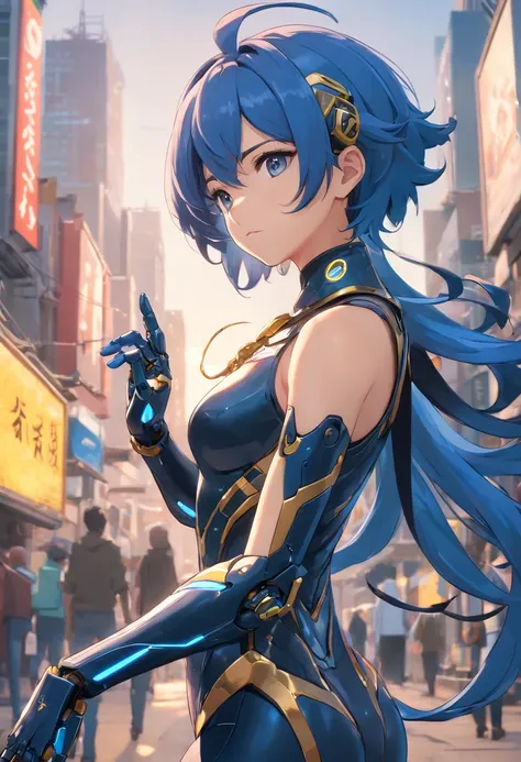 A medusa woman wearing a black mecha suit with gold metallic parts+silver robotic parts, blue hair, short hair, hair with snakes, looking at the viewer, (((pose interacting and leaning [on something in the environment|on an object]) )), a destroyed city, s...