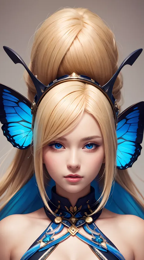 Woman with blonde hair，eBlue eyes，Butterflies are worn on his head, Fantasy art style, cgsociety portrait, hyper-detailed fantasy character, Beautiful digital artwork, digital fantasy art ), fantasy concept art portrait, stunning digital illustration, [ tr...