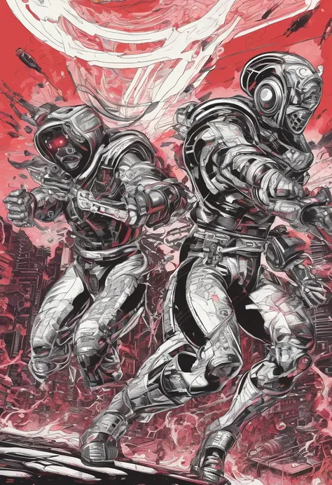 Cyberpunk-style mechanical ninjas fight in blood-red nights