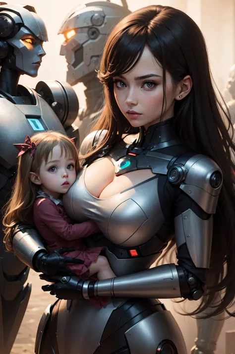 A hybrid mother with her blonde-haired human daughter in her arms and some evil robots in the background.