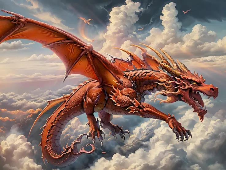 a picture of a red dragon flying in the sky (best details, Masterpiece, best quality :1.5), dragon_real cloudy skies background, an epic red dragon (best details, Masterpiece, best quality :1.5) extremely detailed dragon, horns, breathing flame red fire, ...