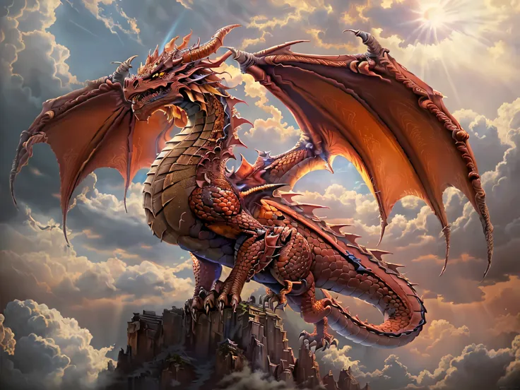 a picture of a red dragon flying in the sky (best details, Masterpiece, best quality :1.5), dragon_real cloudy skies background, an epic red dragon (best details, Masterpiece, best quality :1.5) extremely detailed dragon,  horns, breathing flame red fire, ...