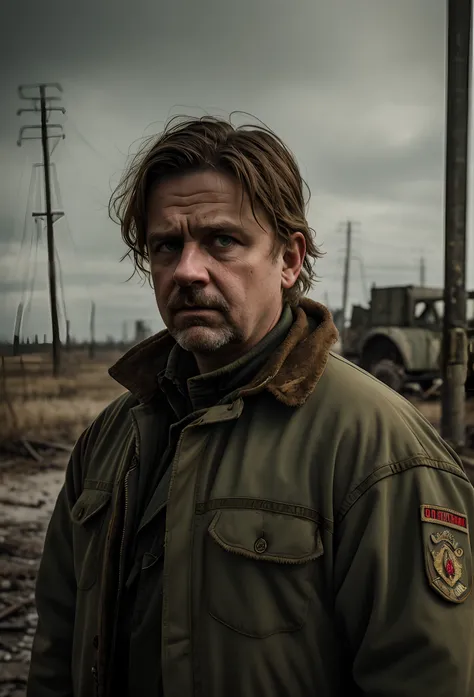 (masterpiece, best quality), intricate details, realistic, photorealistic, a full body portrait, middle aged man, worn dirty military clothing, faded colors, frowning look, stalker gane style, blue-eyed, postapocalyptic background, chernobyl, film grain, c...