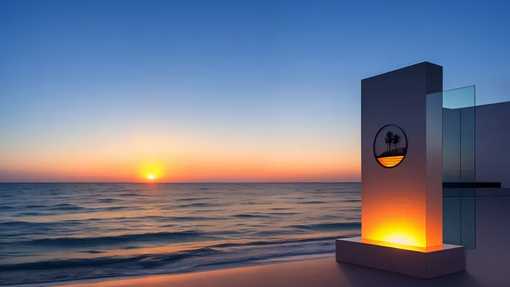 Spiritual photo of the sea, in front of a hotelminimalistic detailed, acrylic monument of, Mother Earth, sunset glow