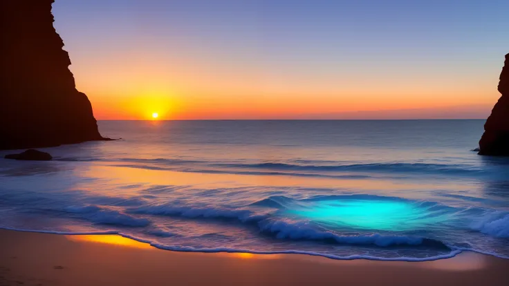 Spiritual photo of the sea, in front of a hotelminimalistic detailed, acrylic monument of, Mother Earth, sunset glow