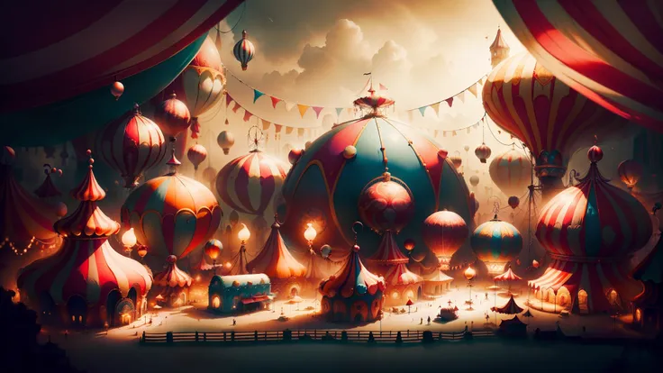 a whimsical carnival scene inspired by fellini's "la strada," filled with eccentric characters and fantastical elements. medium:...