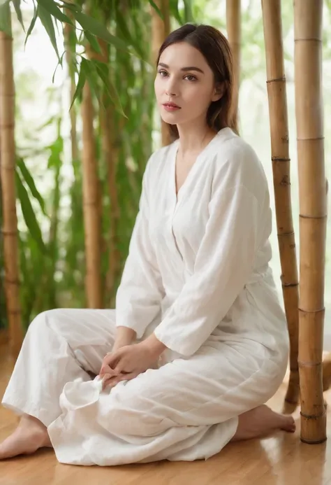 Woman sitting on wooden floor next to a bamboo tree，Head to the right,Lateral face，wearing white pajamas，Hands blessed，young and cute girl,cartoon image,sketching,Bamboo tree white,background whites