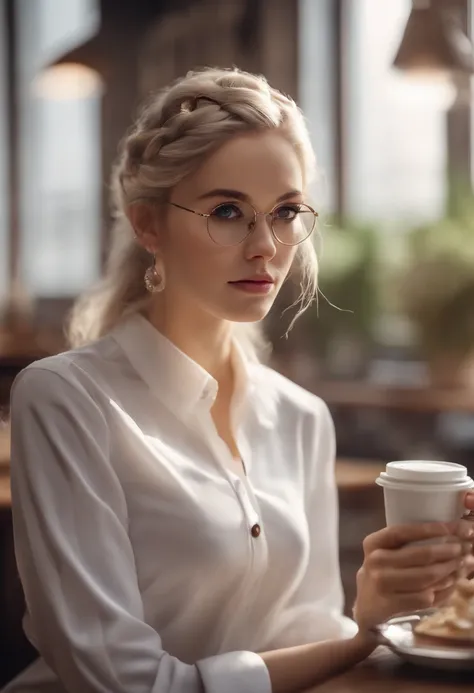 At best....., high-detail, master-piece, ultra-detail, (Realistic:1.2), 1girls, ( Cafe Background),, delicate eyes, silver-haired, purple eyes, Hair ornaments, (Clear Buttons White Tight Office Shirt:1.3),Hair length, light_ear, diadem_braid, expressionles...