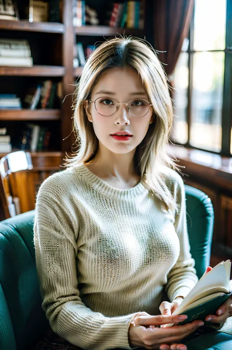 (best quality, ultra-detailed), a girl reading a textbook, beautiful detailed eyes, (green eyes:1.2), beautiful detailed lips, longeyelashes, studying, a quiet library, soft natural lighting, bookshelves filled with books, curled up on a cozy armchair, rea...